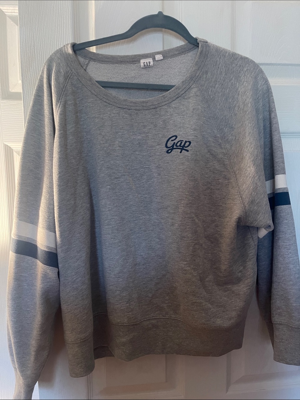 GAP Gray Crewneck Sweatshirt with Navy & White Sleeve Stripes